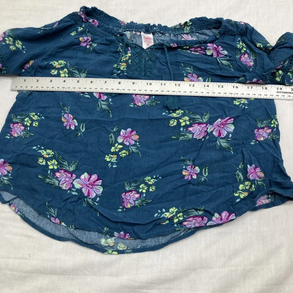 Justice Shirt Girls M/10 Teal Floral Long Sleeve Crochet Peasant Top Boho